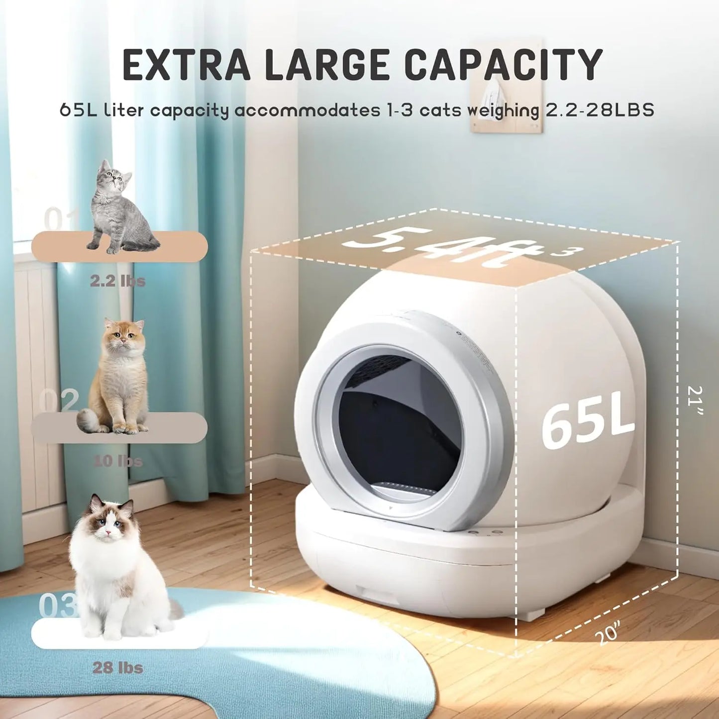 Self Cleaning Litter Box, Automatic Cat Litter Box Self Cleaning Supporting 2.4GHz Wi-Fi for Multiple Cats, APP Control/Safe/Quiet